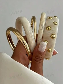 5/1pc Simple Fashion Exaggerated Wide Rivet Round Geometric Asymmetrical Bracelet Set For Women, Sisters, Vacation, Date, Gift, Daily Casual, Party, Wedding Matching (Color Difference May Occur) - Multicolor - View 1