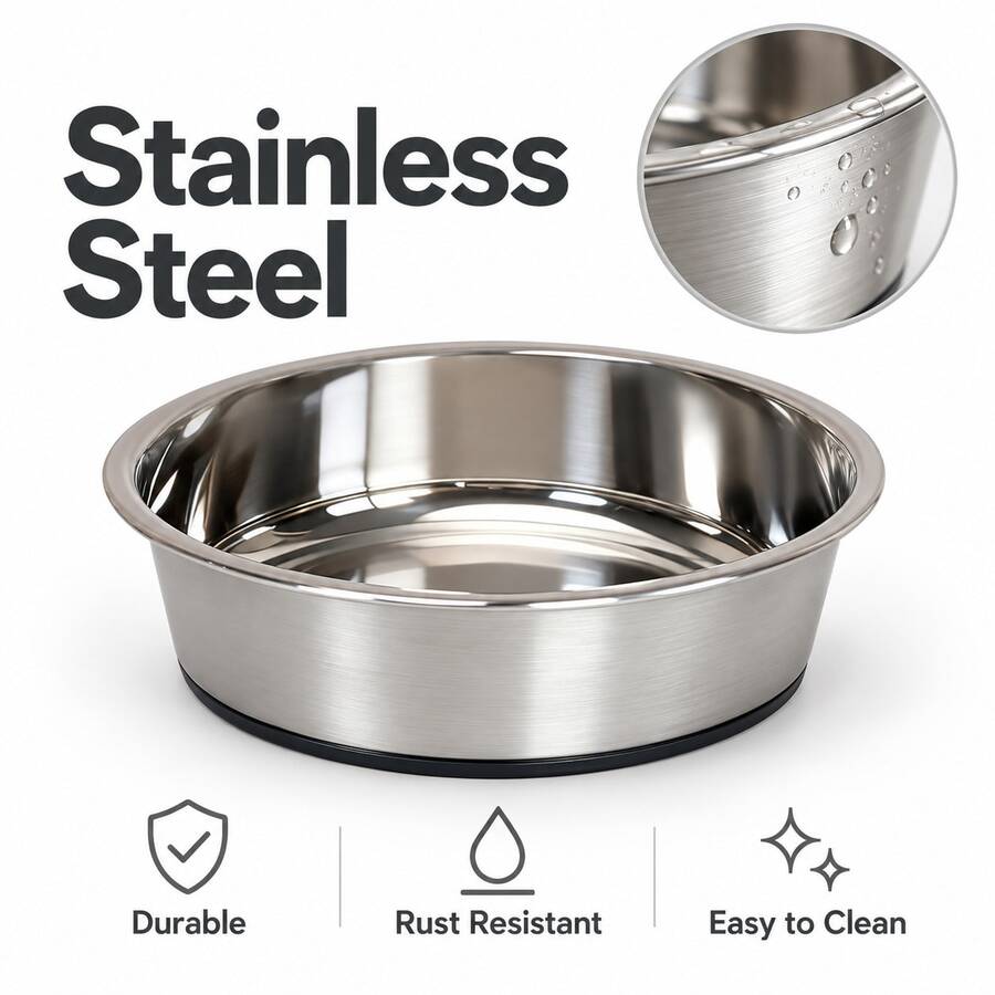 Mangkuk Hewan Peliharaan Stainless Steel dengan Alas Silikon Anti Selip, Mangkuk Makanan & Air Bulat untuk Anjing & Kucing, Mangkuk Susu & Camilan, Mudah Dibersihkan, Perak - 500ml - View 1