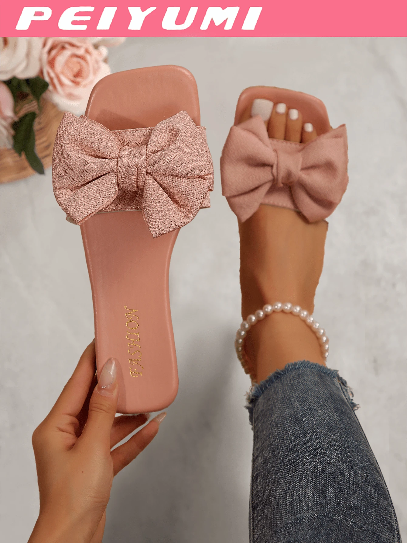 PEIYUMI Women's Bow Decor Slippers, Fashionable Summer Flat Sandals