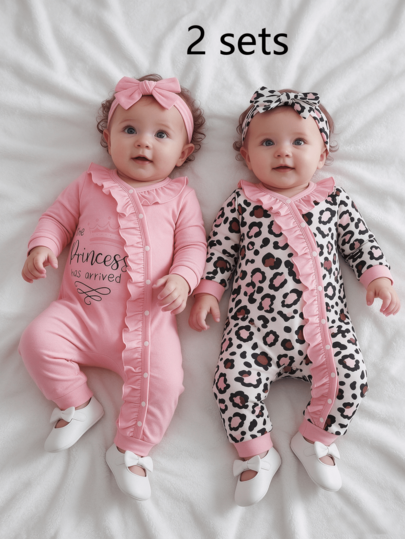 4 piezas/Set, Bebé Niña, Suave & Cómodo, Casual Elegante Moderno Lindo, Conjunto de Mono y Diadema con Estampado de Parche de Letra de Corona, Botón Asimétrico, Dobladillo con Volantes y Color Contrastante, Ropa para Bebé Niña, Ropa para Recién Nacida Niña, Ropa de Otoño para Niña Pequeña, Ropa para Bebé, Mono, Ropa de Otoño para Bebé Niña, Adecuado para Uso Diario, Vacaciones, Fiestas, Actividades al Aire Libre, Fotografía