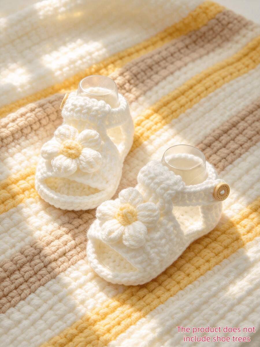 1 Pair Infant Sandals, White Crochet Knit, Flower Decor, Slip-On Style, Soft Sole - White - View 1