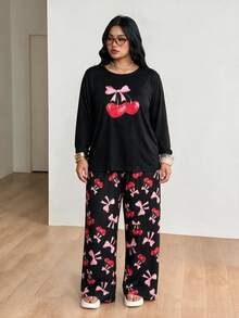 Women's Autumn/Winter Long Sleeve Long Pants Pajama Set, 2-Piece, Plus Size Loungewear Set - Black - View 4
