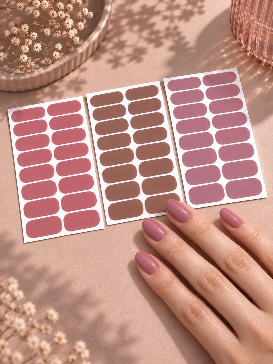 3pcs Everyday Solid Full Nail Stickers - Peach Pink, Caramel Brown, Dusty Mauve Nail Wraps For Work Commute, Casual Dates & Daily Wear - Dusty Purple - View 1