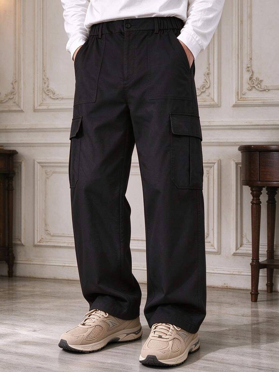 Men's Elastic Waist Wide Leg Cargo Pants, Multi-Pocket 3D Cargo Pockets, Draped Loose Straight Leg Casual Long Pants, Button Fly - Black - View 1