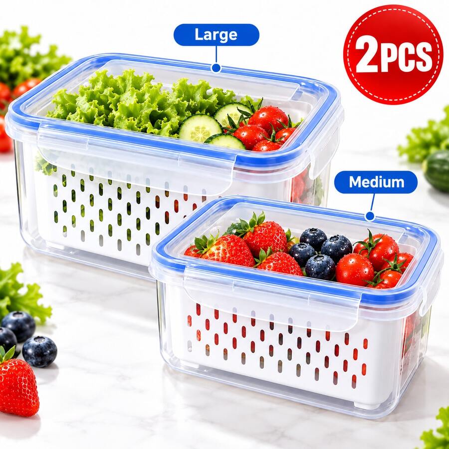 Refrigerator Food Storage Containers With Removable Colander And Lid, Stackable Fruit And Vegetable Fresh-Keeping Boxes, Extend Shelf Life Of Berries And Produce, M+L Set/Large Size, Kitchen Refrigerator Organizer