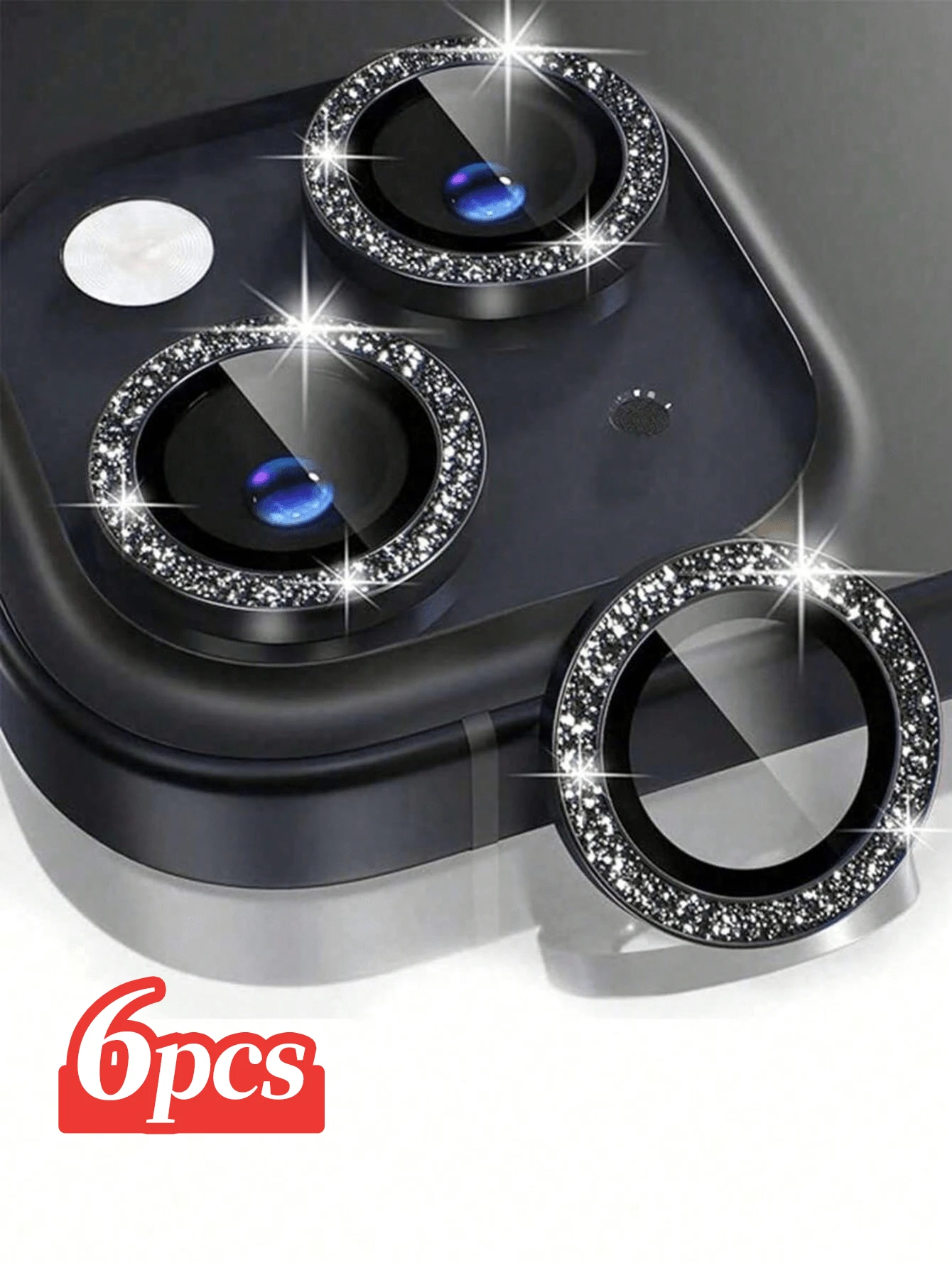 CASECOPS 2Set/6Pcs Black Glitter Camera Lens Protector Film, Compatible With IPhone 18 Pro Max/18 Pro/17 Pro Max/17 Pro/16 Pro Max/16 Pro/16/16 Plus/15 Pro Max/15/15 Pro/15 Plus/14 Pro Max/14/13/12/11 Series, 9H Tempered Glass, Separate Metal Protective Ring, Compatible Phone Case, Suitable For Gift - Black - View 1
