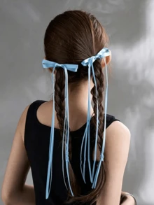 Blue Ballet Style Long Ribbon Fairy Bow Hair Clips (2pcs) - Fashionable, Playful And Cute Women's Hair Accessories, Suitable For Various Occasions And Daily Wear - Baby Blue - View 7