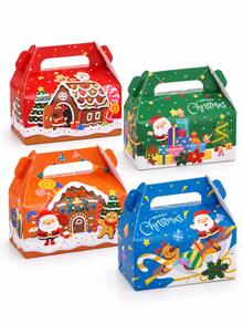 3pcs Christmas Snack Gift Box With Handle, Santa Claus Gingerbread House Reindeer Pattern, Holiday Party Candy Cookie Packaging Box - Multicolor - View 5