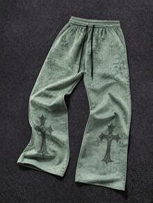 FRACTYR Men's Distressed Gothic Cross Print Wide Leg Sweatpants, Streetwear Drawstring Elastic Waist Straight Leg Floor-Length Loose Fit Printed Long Pants - Dark Green - View 1