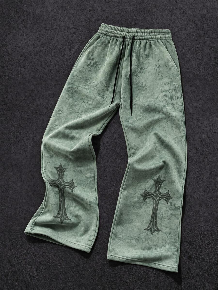 FRACTYR Men's Distressed Gothic Cross Print Wide Leg Sweatpants, Streetwear Drawstring Elastic Waist Straight Leg Floor-Length Loose Fit Printed Long Pants - Dark Green - View 1