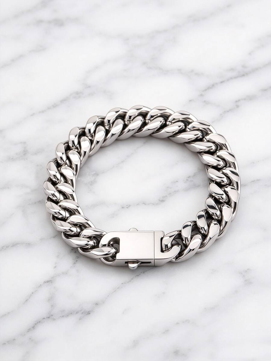 1pc Fashionable & Bold 13mm Wide Stainless Steel Miami Curb Chain Bracelet, Men's Birthday Gift - Silver - View 1
