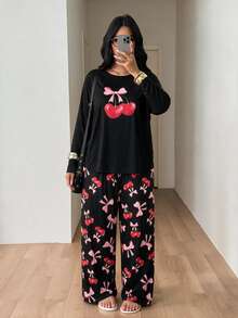 Women's Autumn/Winter Long Sleeve Long Pants Pajama Set, 2-Piece, Plus Size Loungewear Set - Black - View 5