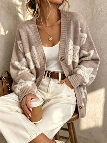 Áo cardigan len dệt jacquard họa tiết sao cổ chữ V nữ, vai trễ, tay dài, có cúc cài trước và túi, chất len mềm, áo len thường ngày phong cách casual cho mùa thu/đông - Màu Khaki - Xem 1