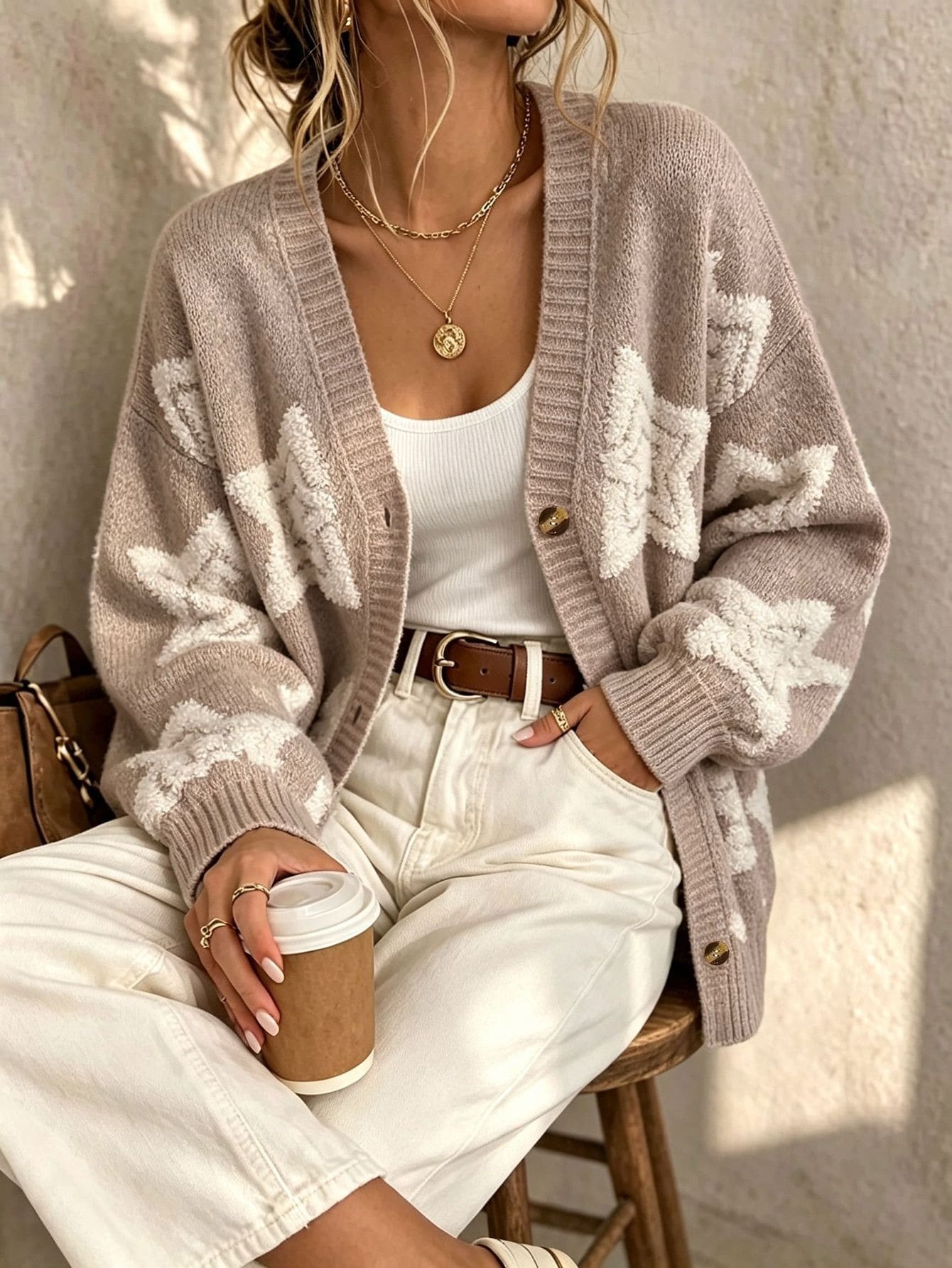 Áo cardigan len dệt jacquard họa tiết sao cổ chữ V nữ, vai trễ, tay dài, có cúc cài trước và túi, chất len mềm, áo len thường ngày phong cách casual cho mùa thu/đông - Màu Khaki - Xem 1