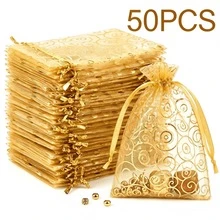 50pcs Gold Swirl Print Organza Gift Bags, Christmas Transparent Drawstring Small Gift Bags, Reusable Transparent Mesh Party Favor Bags, Perfect For Weddings, Baptisms, Graduations, Holiday Parties, And Candy And Jewelry Packaging - Gold Gift Bag - View 9