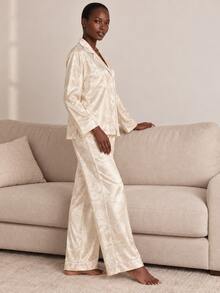 Women's Autumn/Winter Solid Color Jacquard Satin Patch Pocket Front Button Long Sleeve Pants Pajama Set - Champagne - View 4