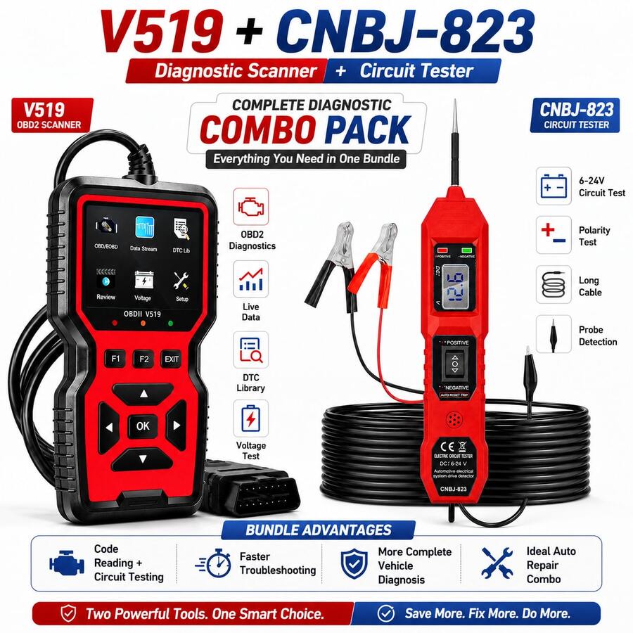V519 OBD2 Scanner & CNBJ-823 Circuit Tester Combo, 2 Pieces Automotive Diagnostic Tool Kit, Engine Fault Code Reader, DTC Clear, Live Data, 6-24V Electrical Circuit Tester For Auto Repair Other Versions - A - View 1