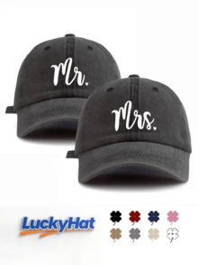 「Mr.」與「Mrs.」字母圖案印花棒球帽，復古水洗風情侶款爸爸帽，適合蜜月禮物 - 先生與夫人 - 查看 14
