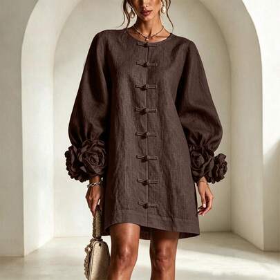 French Style 3D Floral Lantern Sleeve Dress, Round Neck Frog Button Loose Fit Short Vacation Dress, Autumn/Winter Women's Outfit, Suitable For Wedding Guest Wear