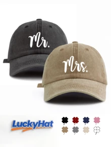 「Mr.」與「Mrs.」字母圖案印花棒球帽，復古水洗風情侶款爸爸帽，適合蜜月禮物 - 先生與夫人 - 查看 10