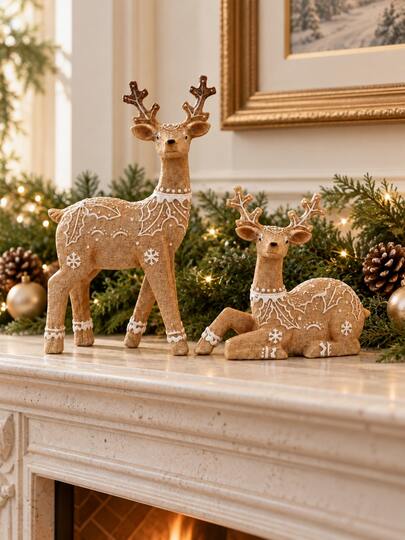 Christmas Tabletop Decorations, 2pcs Gingerbread Reindeer Statues, Standing & Lying Deer Figurines, Winter Holiday Shelf Decor, Fireplace Mantel Ornament, Xmas Home Decoration & Gift
