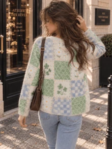 Women's Patchwork Pattern Single-Breasted Long Sleeve Knit Cardigan - Off White - View 2