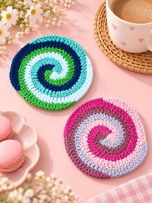 1pc Handmade Crochet Spiral Coaster Set, Colorful Striped Heat-Resistant Non-Slip Reusable Drink Mat, Bohemian Style Coffee Tea Cup Coaster, Autumn Home Kitchen Dining Table Decor, Christmas Thanksgiving Holiday Gift And Daily Use, Room Decoration - Multicolor - View 2