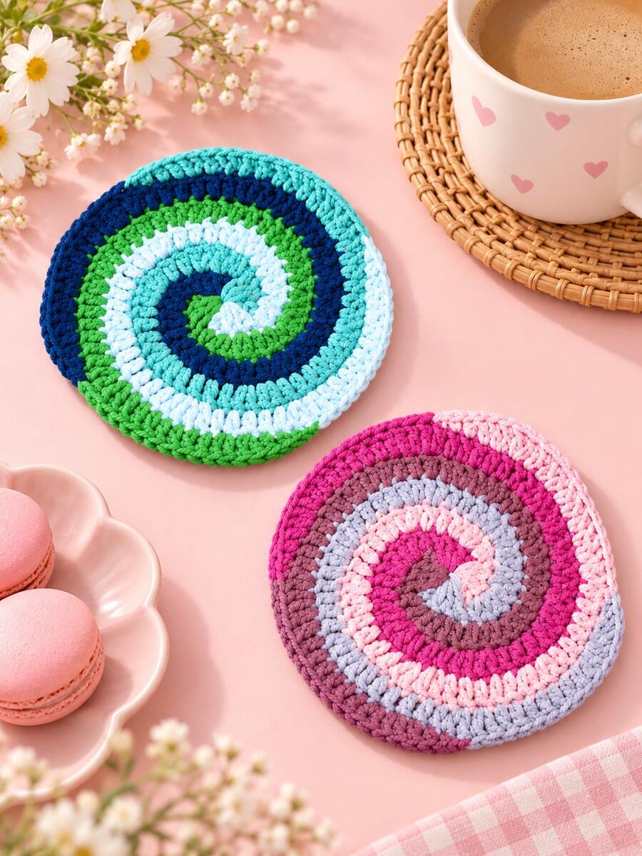 1pc Handmade Crochet Spiral Coaster Set, Colorful Striped Heat-Resistant Non-Slip Reusable Drink Mat, Bohemian Style Coffee Tea Cup Coaster, Autumn Home Kitchen Dining Table Decor, Christmas Thanksgiving Holiday Gift And Daily Use, Room Decoration
