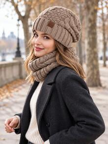 2pcs Set Cable Knit Hat & Scarf, Autumn/Winter Warm Leather Label Pullover Beanie & Thick Cold-Proof Knit Scarf Set - Multicolor - View 3