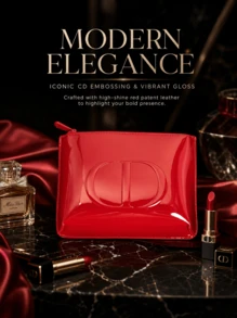DIOR Red Glossy Patent Leather Makeup Bag, Embossed 3D CD Logo Clutch, Glossy PU Patent Leather Material, Storage For Makeup And Skincare Samples, Festive Atmosphere Small Bag - Red Patent Leather Bag - View 9