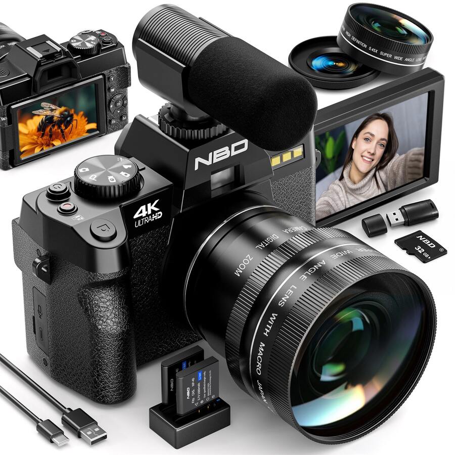 NBD Black Digital Camera 64MP 4K, 3.0-Inch Flip Screen Vlog Camera, Wide-Angle And Macro Lens, With External Microphone, WIFI, 16x Digital Zoom, Built-In Flash, Selfie And Night Mode, Suitable For Beginners (32GB Card + 2 Batteries) - View 1