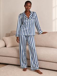 2pcs/Set Women's All-Season Vertical Striped Satin Pajama Set, Deep V-Neck Lapel Long Sleeve Loose Wide Leg Loungewear Set - Navy Blue - View 3