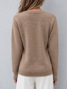 Women's Elegant Vintage Fashion Wool Long Sleeve Sweater, Loose Fit, 15% Wool Content, Lightweight Luxury Minimalist Commute V-Neck Solid Color Long Sleeve Top, Quiet Luxury Style, Suitable For Home, Daily Wear And Outdoor Commute, Perfect For Women's Office, Campus And Teacher Outfits - Khaki - View 3