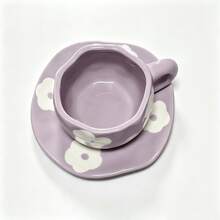 Ins Style Purple Asymmetrical Floral Ceramic Coffee Cup And Saucer Set, Handmade Textured Afternoon Tea Mug Gift - Lilac Purple - View 9