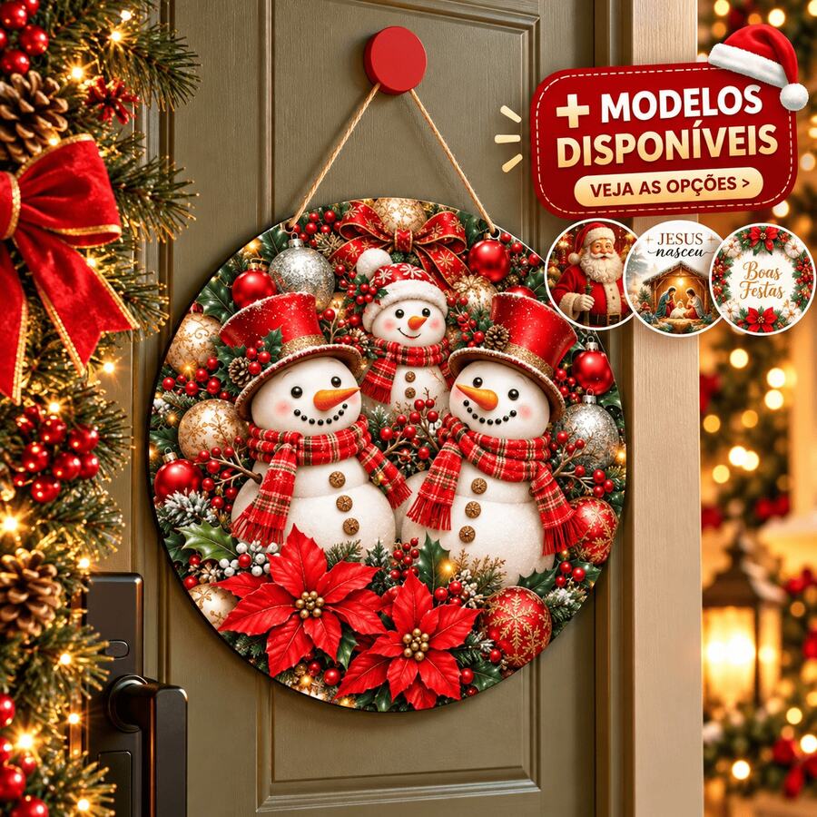 Guirlanda de Natal MDF 25cm Placa Decorativa Enfeite para Porta Casa Apartamento - Bonecos de Neve - Visão 1