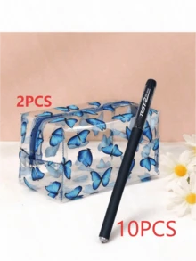 1/2pcs Butterfly Print Transparent Storage Bag, High Aesthetics, PVC Transparent Material, Zipper Closure, Convenient, Suitable For Storing Makeup, Stationery, Short Trips, Travel Organization, Direct View Of Internal Items, Gift For Girlfriend, Mother - A - View 15