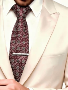 2件組男士時尚提花領帶與領帶夾套組，商務休閒婚禮慶典正式穿著搭配領帶夾2件組 - 酒紅色復古提花 - 查看 1
