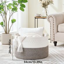 1pc Household Storage Basket For Clothes And Toys – Large Woven Basket For Laundry, Blankets, Pillows, And Toys; Suitable For Kitchen, Living Room, And Laundry Room – Portable, Foldable Rope Basket (White/Grey) - White/Brown - View 5