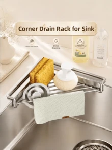 1/2pcs Corner Sink Storage Rack, Kitchen Sink Strainer, Kitchen Accessories, Triangle Kitchen Sponge Holder, Space-Saving, Stainless Steel Material, Waterproof And Rust-Proof, Suitable For Dish Soap, Brushes, Drain Rack And Countertop, Applicable For Kitchen, Restaurant And Home - A - View 4