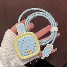 5pcs Milk Blue Toast Red Polka Dot Charger Protector Set, Korean Fresh Style Data Cable Protector Full Set, Anti-Cat Bite Anti-Damage, Compatible With Apple 18W/20W, Compatible With Iphone 20W/18W Charger, Holiday Small Gift, Cute Korean Style For Girlfriend And Best Friend - Toast Polka Dot - View 8