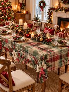 1pc Christmas Tablecloth, Vintage Plaid Poinsettia Pine Berry Print Premium Polyester Round Or Rectangle Table Cover, Soft Durable Lightweight Dining Table Protector For Xmas Holiday Party Winter Home Decor - Multicolor - View 4