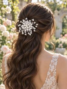 Elegant Silver Starry Pearl Crystal Bridal Hair Comb Wedding Hair Accessories For Bride Prom Formal Party Wedding Ceremony Evening Event - White - View 1