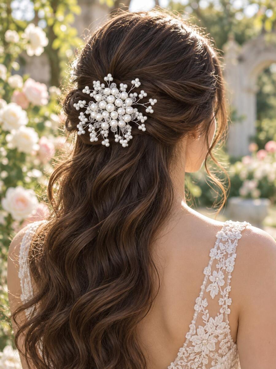 Elegant Silver Starry Pearl Crystal Bridal Hair Comb Wedding Hair Accessories For Bride Prom Formal Party Wedding Ceremony Evening Event - White - View 1