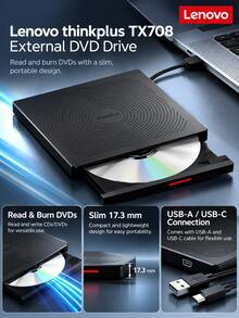 Lenovo Pembakar DVD eksternal, kecepatan baca/bakar 8x all-in-one, antarmuka ganda USB Type-C, drive optik eksternal universal untuk laptop dan desktop, pembaca dan pembakar cakram komputer TX708 QXA1P14058 - View 2