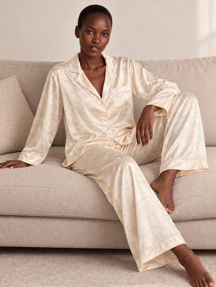 Women's Autumn/Winter Solid Color Jacquard Satin Patch Pocket Front Button Long Sleeve Pants Pajama Set - Champagne - View 1