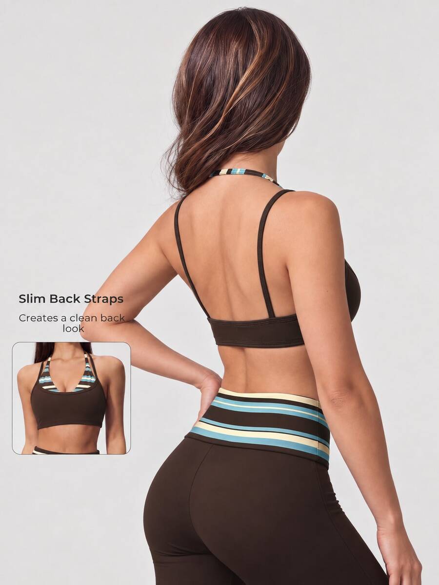 Women's 2-In-1 Colorblock Striped Halter Neck Double Strap V-Neck Thick Yoga Sports Bra, Backless Fitness Workout Bra - Brown - View 1