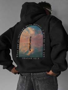 FRACTYR Men's American Style Front & Back Double Print Cross & Bible Verse Loose Fit Hoodie, High Street Style Oversized Drop Shoulder Couple Pullover Sweatshirt - Black - View 1