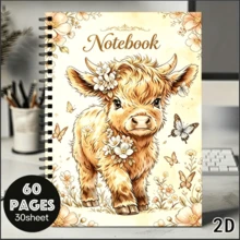 1pc Cute Highland Cow & Wildflower Butterfly Watercolor Theme Notebook - Diary, A5 Size, Suitable For Office, Study, Journaling, Recording, Spiral Bound Notebook, Perfect Gift For Back To School, Halloween, Christmas - Multicolor - View 1