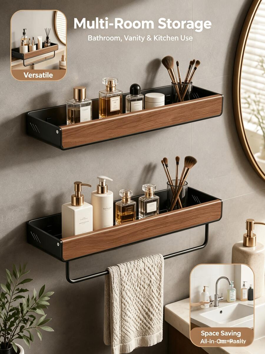 Solid Wood Walnut Bathroom Wall-Mounted Shelf, No-Punch Floating Storage Rack, Suitable For Washbasin Countertops, Toiletries And Household Essentials Storage - Black - View 1