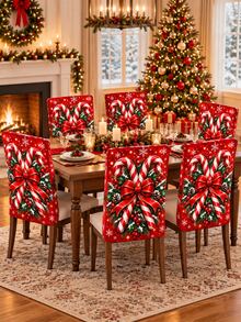 Sarung Sandaran Kursi Makan Natal, Motif Permen Tongkat, Pita Merah, Holly Berry, Kerucut Pinus, dan Kepingan Salju, Dekorasi Rumah Pesta Liburan Natal Meriah untuk Dapur, Ruang Makan, dan Pesta - B - View 2